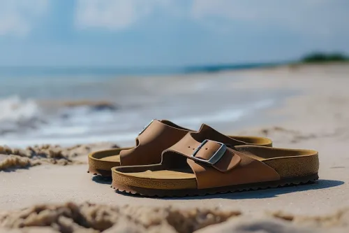 Close-up of sandals on sandy beach background. Soft focus on sand, emphasizing texture and grains. White Birkenstocks sit on beach, near ocean, with waves in distance.