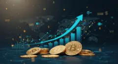 Flying Bitcoin coins and graphs showing the growth of cryptocurrencies