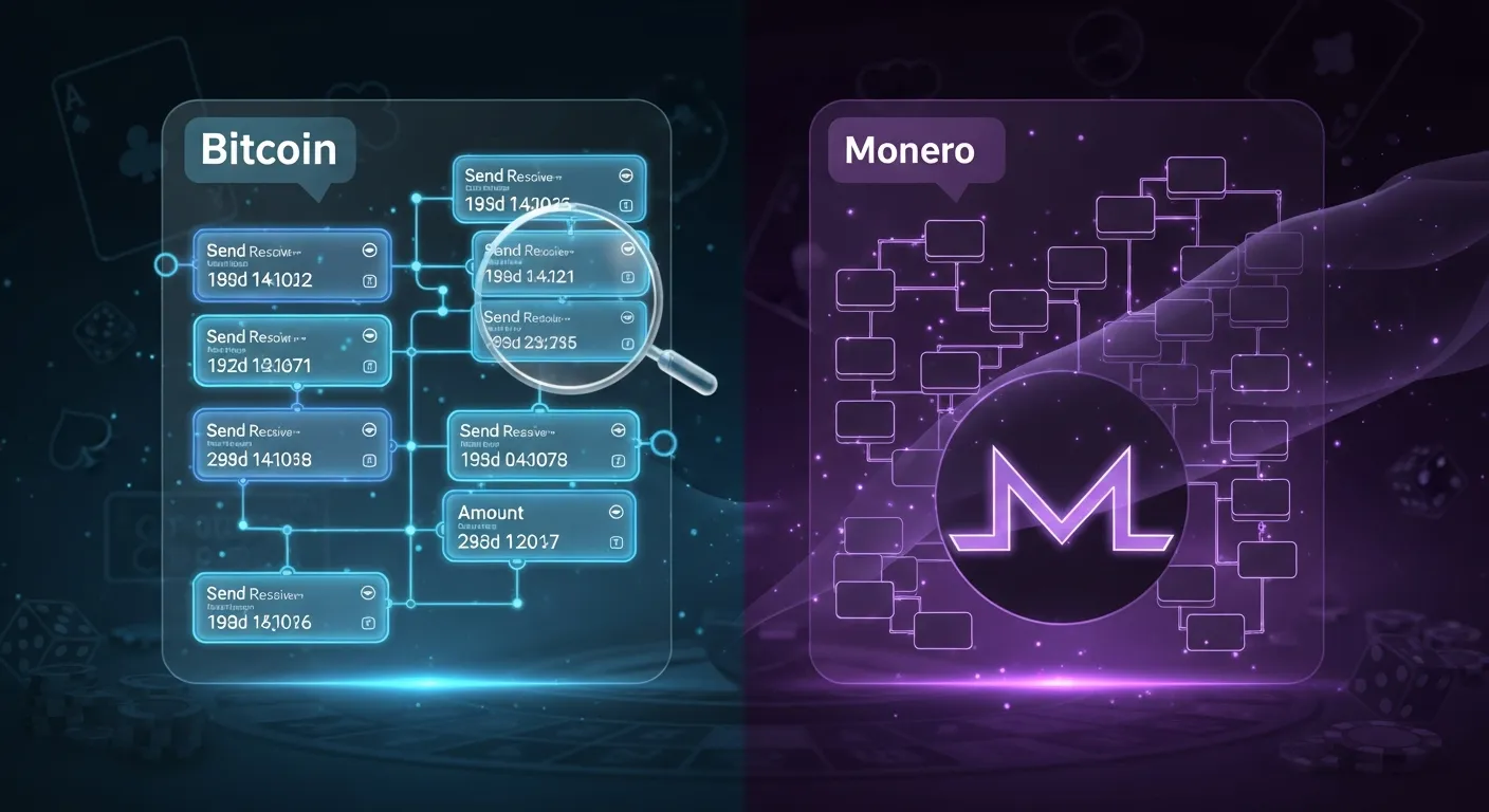 Comparative illustration of a transparent Bitcoin ledger next to a shielded Monero ledger, representing privacy in crypto gambling.