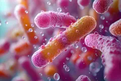 Colorful microscopic probiotics, prebiotics bacteria shown in yogurt drinking process. Illustration highlights health benefits of beneficial microorganisms.