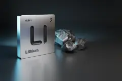 LI Lithium etched on Silver Tile next to silvery rocks