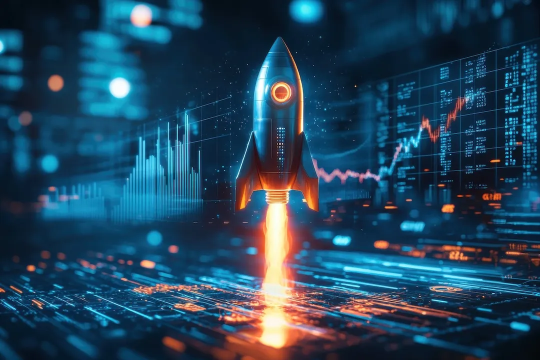 Rocket launch event digital space graphic illustration futuristic environment close-up view innovation concept newspace industry