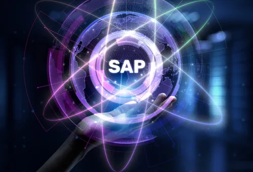 a hand holding a glowing, futuristic digital sphere with the word "SAP" prominently displayed at the center, symbolizing advanced technology and global connectivity