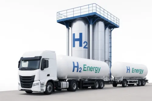 Hydrogen Fuel Delivery: A white articulated lorry transports hydrogen fuel tanks. The tanks are marked with the H2Energy logo. This represents sustainable energy.