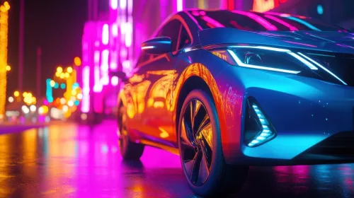 A sleek electric vehicle showcases its modern design illuminated by colorful neon lights on a lively urban street during nighttime