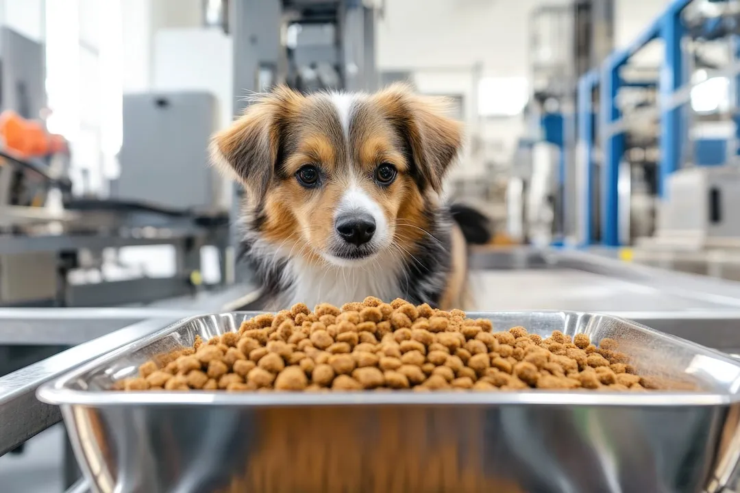Adorable dog eyeing fresh kibble in pet food factory setting