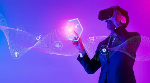 Young man using glasses of virtual reality on dark background. Smartphone using with VR headset,virtual reality,future technology concept.