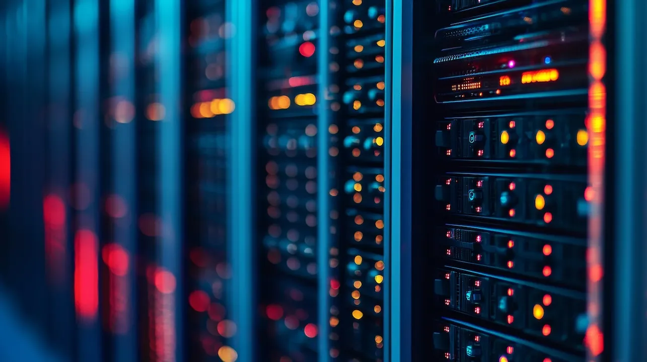 Glowing server racks with vibrant lights in data center