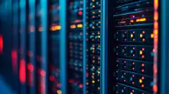 Glowing server racks with vibrant lights in data center