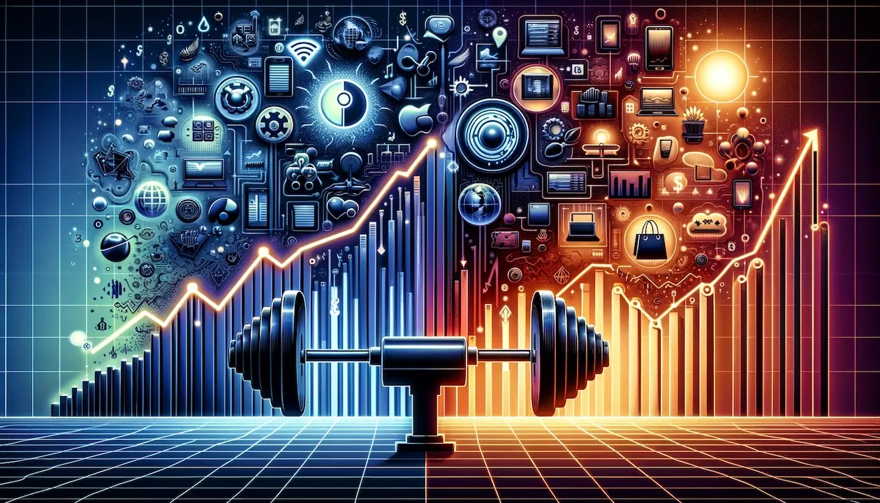 visualizes the strategic shifts in the financial market as described, highlighting the transition from technology to a broader focus, encapsulated through abstract symbolism and elements.