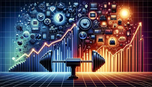visualizes the strategic shifts in the financial market as described, highlighting the transition from technology to a broader focus, encapsulated through abstract symbolism and elements.