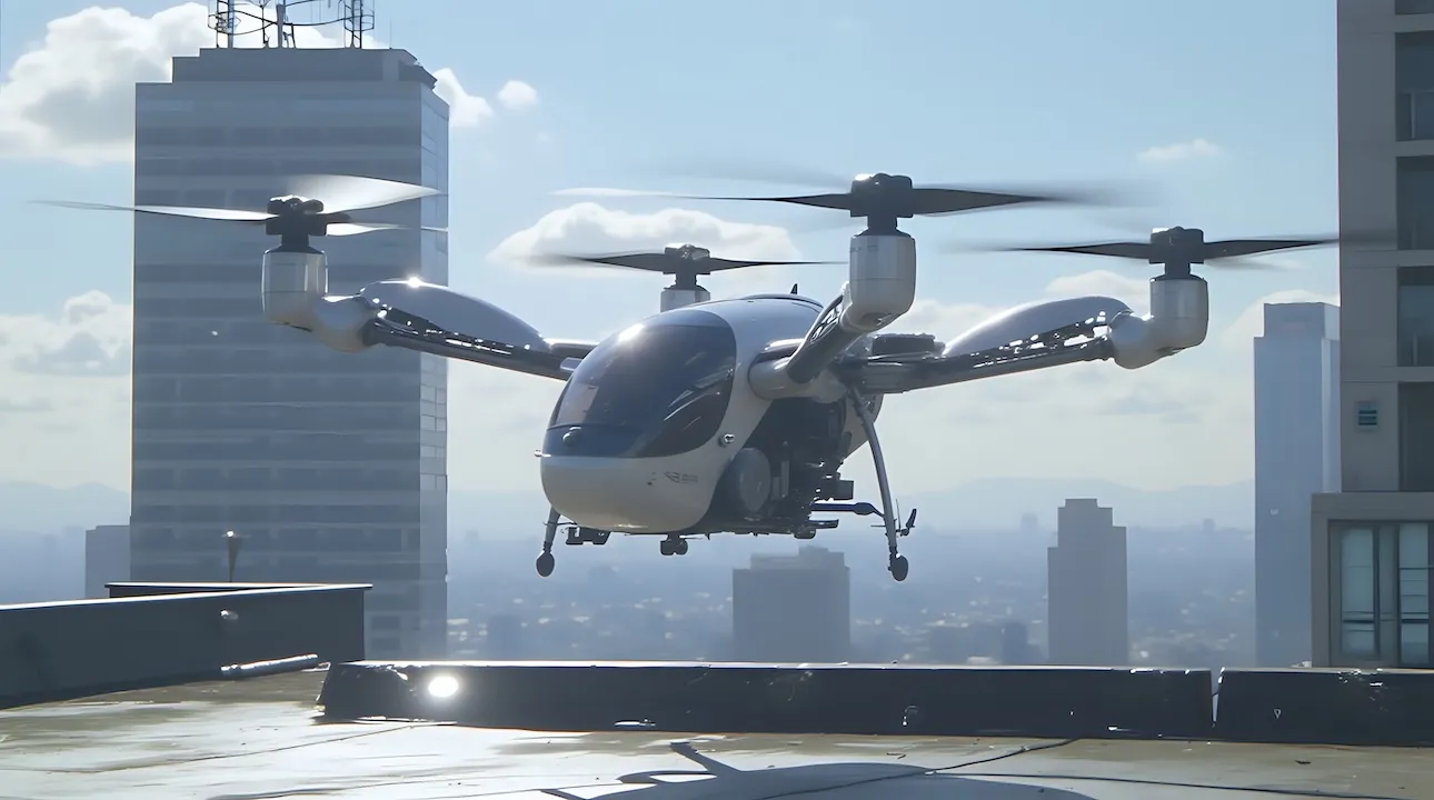 A generic white electric powered vertical take off and landing eVTOL aircraft with four rotors