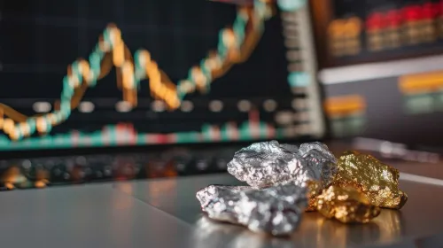 Raw silver and gold nuggets with stock graph
