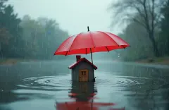Small house under red umbrella in heavy rain surrounded by water. Property insurance concept.