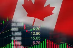 Canadian Flag behind candlestick stock chart in green and red