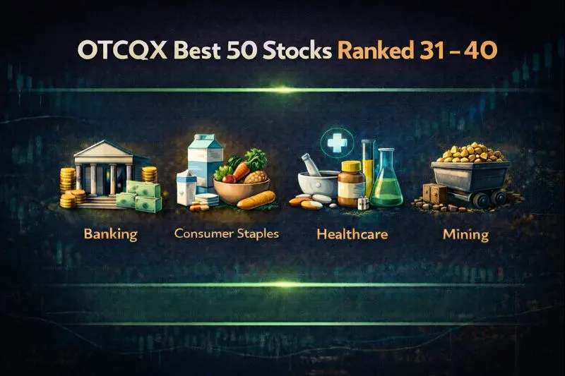 Infographic titled "OTCQX Best 50 Stocks Ranked 31 - 40" with icons for Banking, Consumer Staples, Healthcare, and Mining; subtitle contains a typo: "Retali-Investor Engagement."