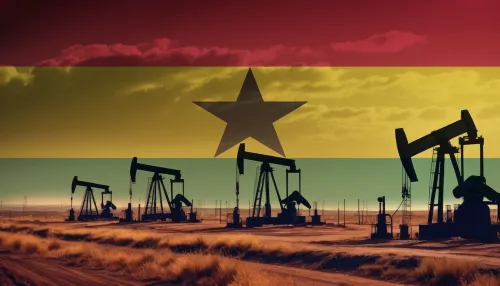 Oil production in the Ghana. Oil platform on the background of the Ghana flag. Ghana flag and oil rig. Ghana fuel market.