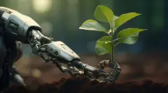 Robot hand future concept technology food science apple flower green industry arm isolated 3d plant artificial fruit. Future tech robot hand hold nature biology synthetic.