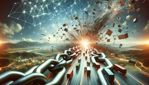 The landscape-oriented image vividly illustrates the concept of a supply chain shock, embodying the disruption and interconnected complexities of the global economy through the symbolism of a broken c...