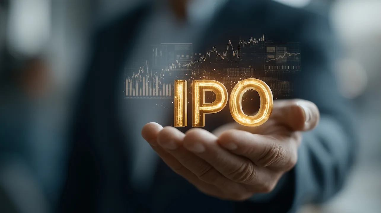 Golden IPO: The image captures a close-up of a person's hand holding a glistening "IPO" symbol with an abstract stock chart in the background, embodying a sense of financial growth.