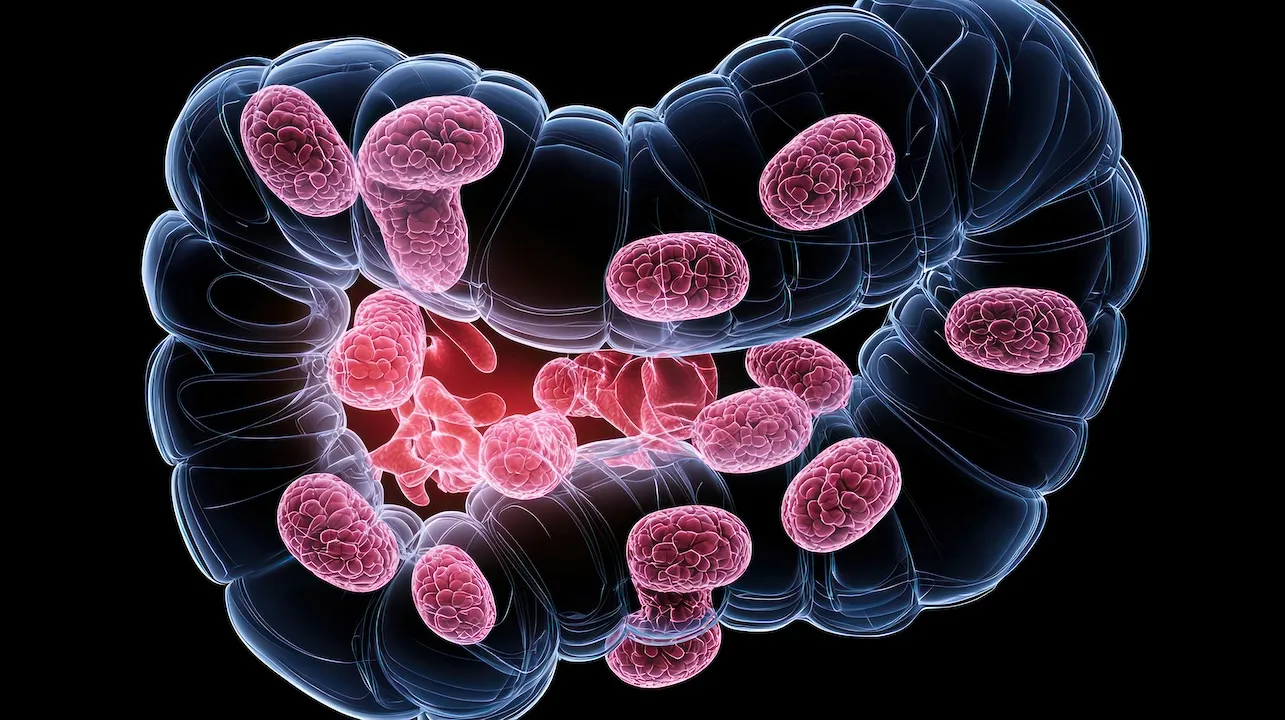 A graphic illustration of the bowel, highlighting healthy tissue versus areas affected by bowel cancer