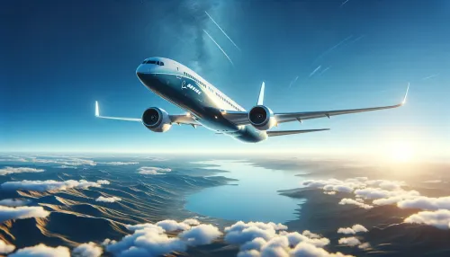 Boeing aircraft in flight, capturing the essence of innovation and aviation prowess.