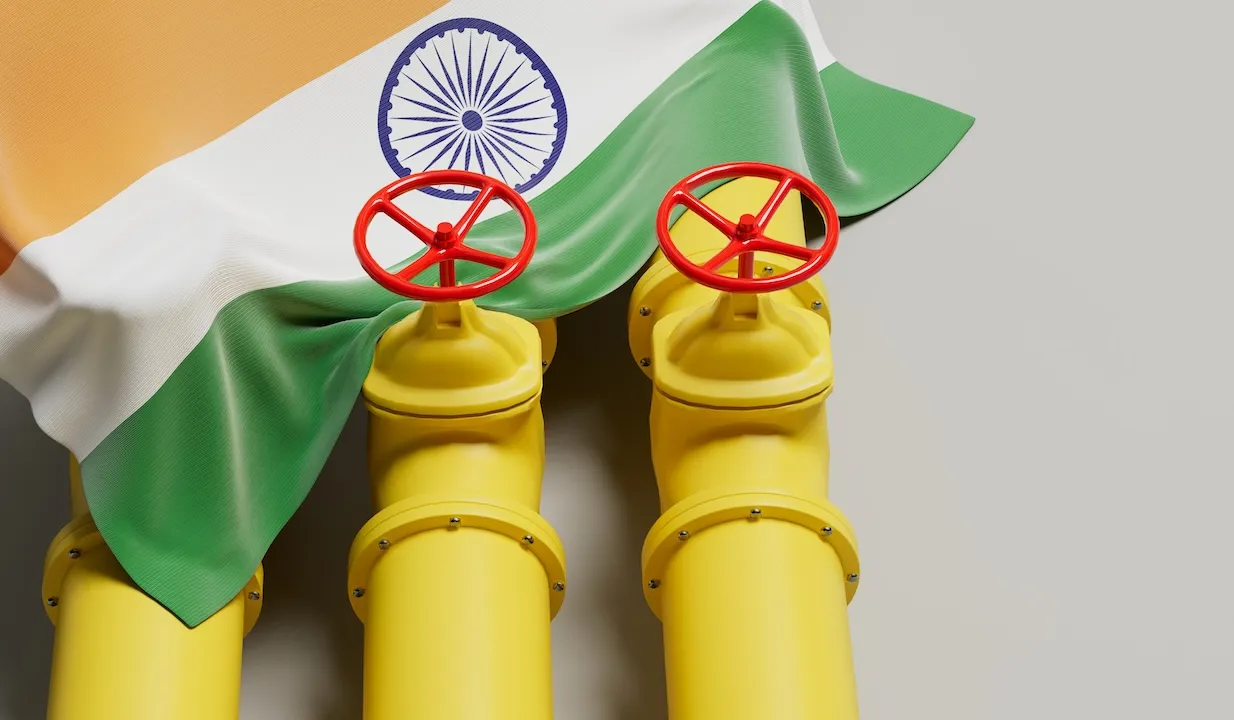 India flag covering an oil and gas fuel pipe line. Oil industry concept. 3D Rendering