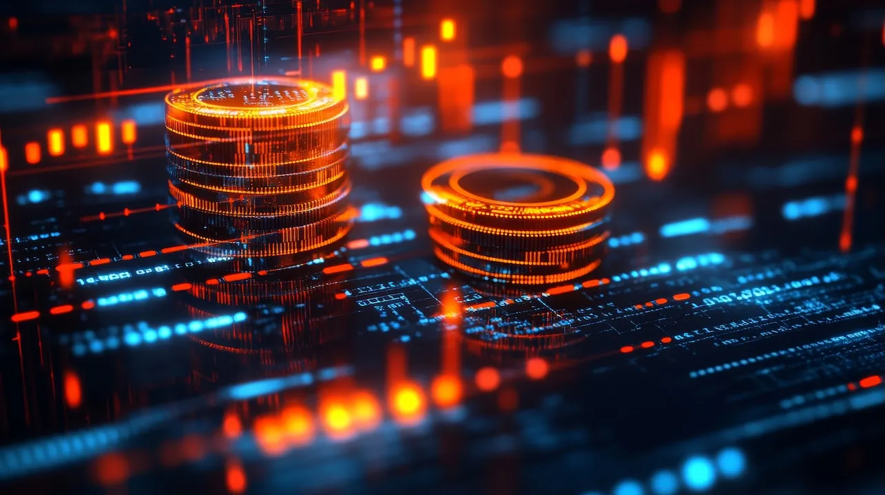 Stacks of various cryptocurrency coins on a circuit.