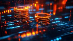 Stacks of various cryptocurrency coins on a circuit.