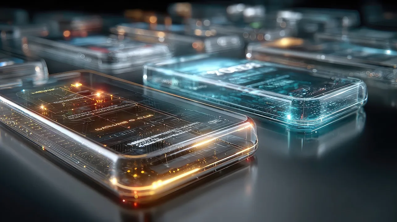 Transparent screens on futuristic mobile devices emphasizing OLED clarity, borderless visuals, interactive touch layers, 