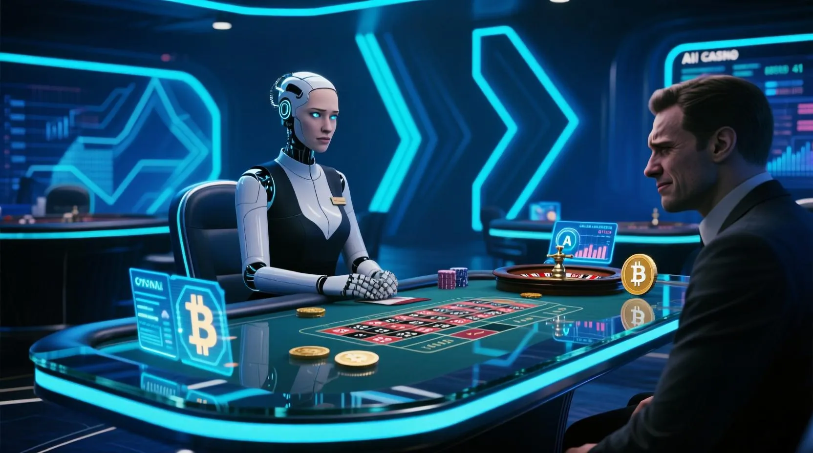 AI casino dealer analysing player facial expressions in real time at a crypto roulette table