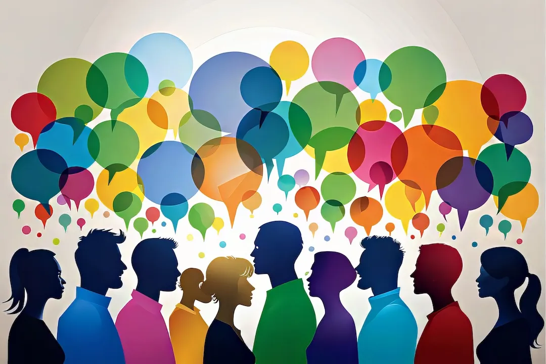 Diverse colorful thinking and speech bubbles surrounding a panoramic banner of silhouetted community members' heads, representing dynamic team collaboration and effective