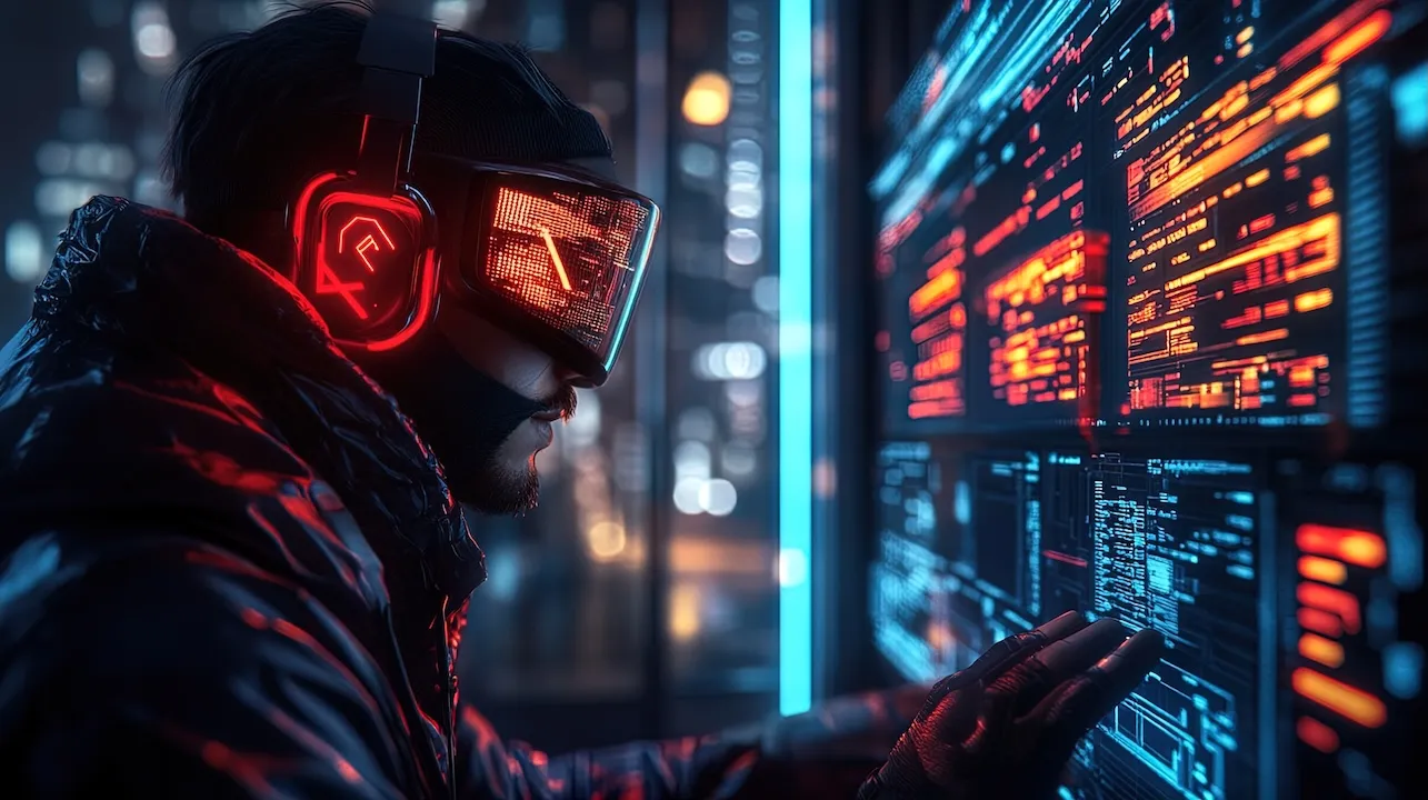 A cyberpunk hacker using augmented reality to access a virtual terminal, sleek and immersive