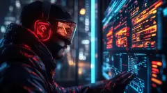 A cyberpunk hacker using augmented reality to access a virtual terminal, sleek and immersive