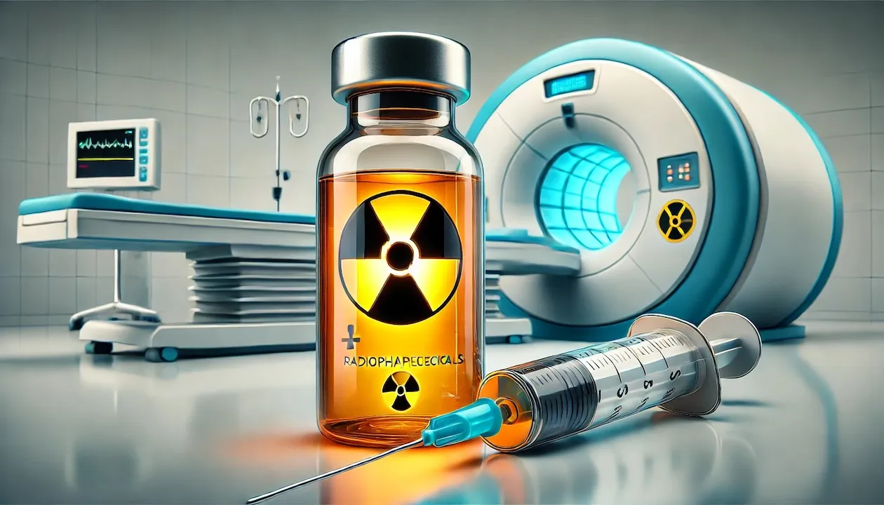 image depicting radiopharmaceuticals, including a syringe and a glowing vial in a medical setting