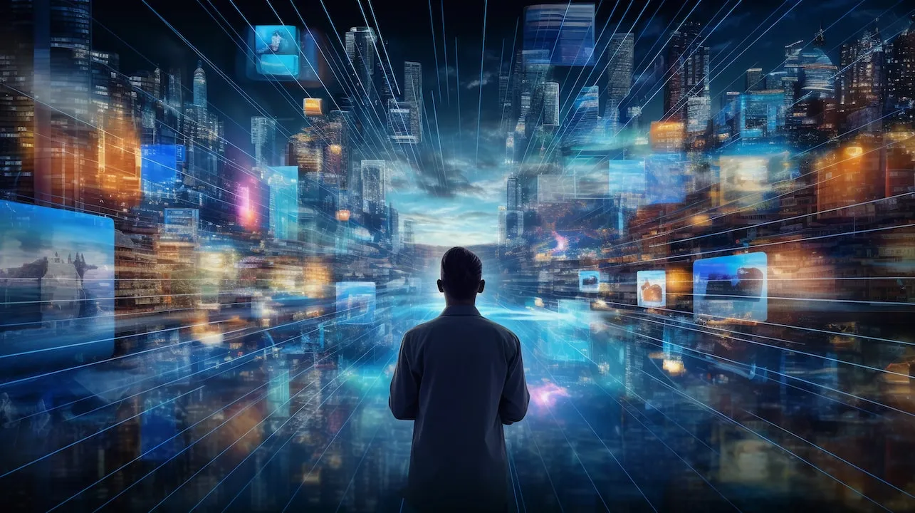 Futuristic image of man looking at many screens. Online Streaming. Digital Content. Streaming Services. Entertainment Industry. Generative ai