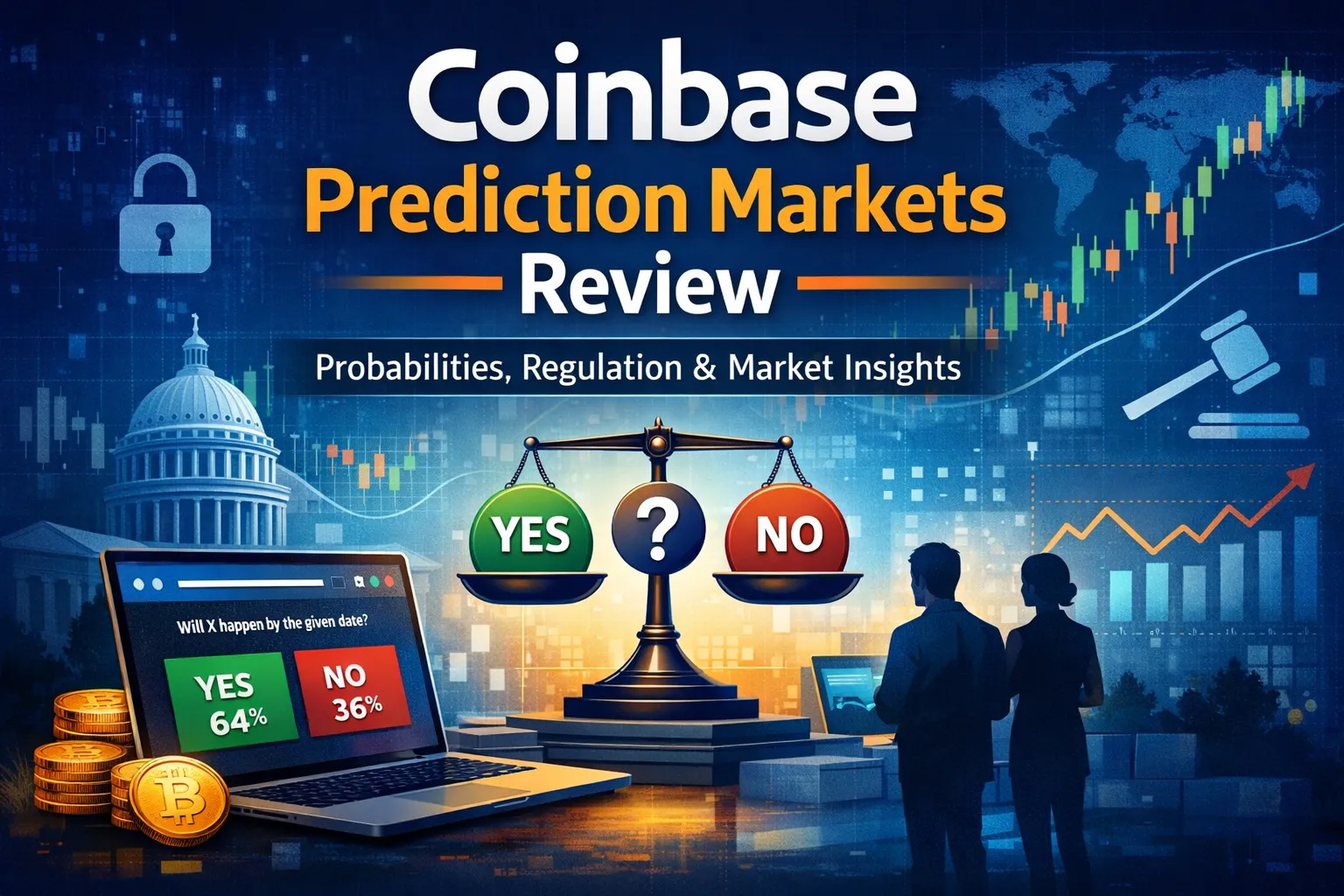 Coinbase Prediction Markets review showing probability-based yes and no contracts, market charts, and regulatory themes