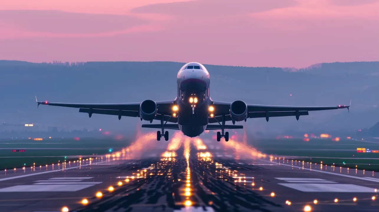 Airplane taking off a runway at twilight