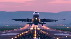 Airplane taking off a runway at twilight