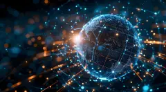 Illustration of global network connections and communication technology for internet business and telecommunication, featuring earth connector, earth map, and a 3D globe with an electronic network