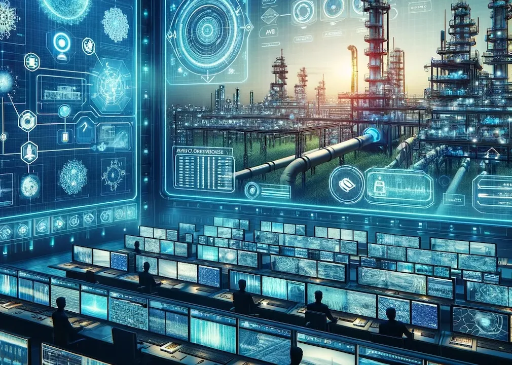 The image illustrates a digital landscape of a futuristic control room designed for monitoring and optimizing oil and gas operations.