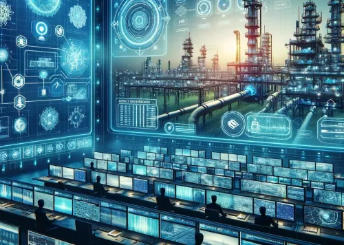 The image illustrates a digital landscape of a futuristic control room designed for monitoring and optimizing oil and gas operations.