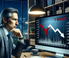 An AI  generated image, capturing the theme of a financial analyst evaluating Tesla's slowing growth, depicted through a concerned analysis of declining trends on financial charts.