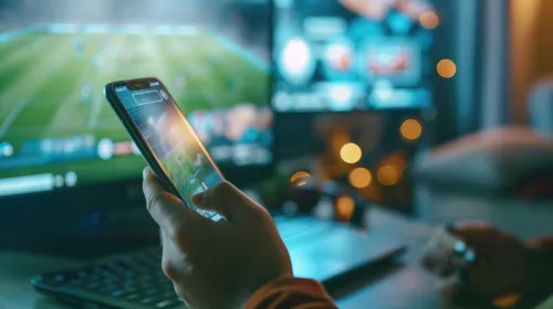 male hands with smartphone. Man watching soccer play online broadcast on his laptop, cheering for favourite team, making bets using mobile