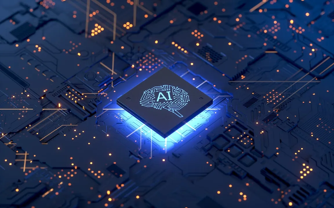 AI Chip illuminated on circuit board.