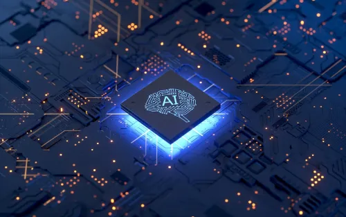 AI Chip illuminated on circuit board.