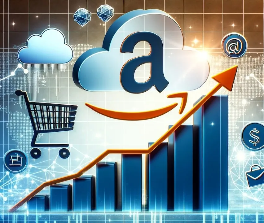 Rising trend graph with "AMZN Stock Soars" theme, featuring Amazon-related symbols like a cart and cloud. AI generated image.