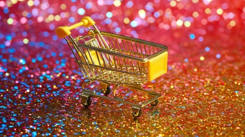 A small shopping cart stands on a glittery surface under bold red lights, creating a lively and eye-catching scene full of color and dynamic energy.