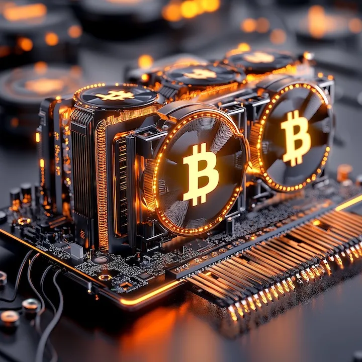 Bitcoin mining rig with glowing tokens, soft latte background, on the righ