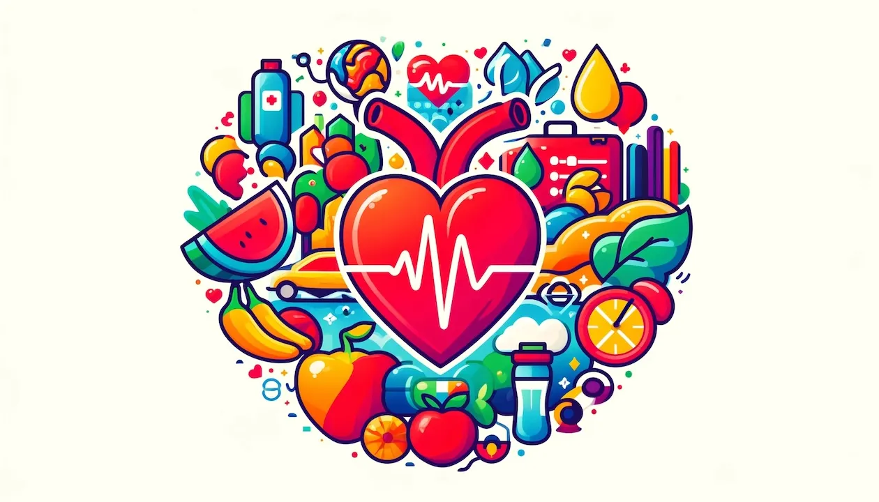 heart health clipart image, designed in a wide format to emphasize the importance of cardiovascular wellness through lifestyle choices.